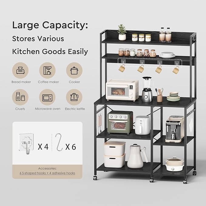 Kitchen Bakers Rack with Storage，Microwave Stand with Wheels，with Adjustable Shelves，Kitchen Shelves，Coffee Bar with 10 S-Shaped Hooks，35.4 * 15.8 * 61 Inches，Black