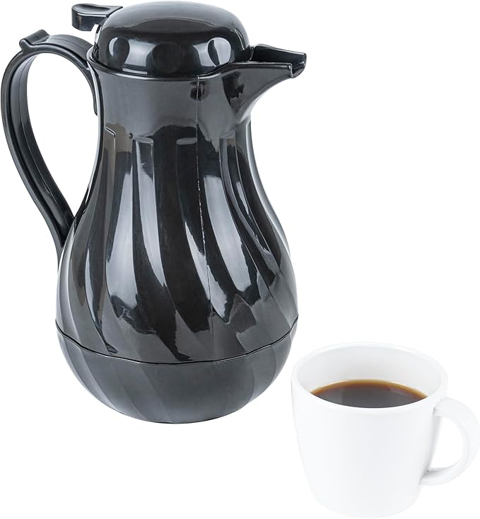 Restaurantware-Restpresso 42 Ounce Coffee Carafe, 1 Insulated Coffee Server - Push-Button Top, Swirl Design, Black Plastic Pitcher, Built-In Handle, With Identification Tags