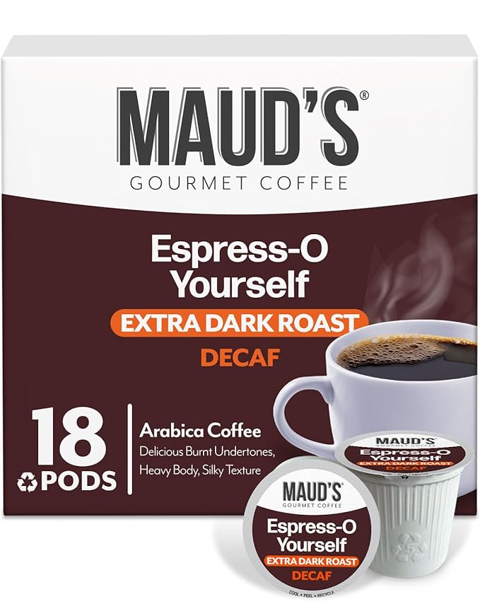 Maud's Decaf Espresso Roast Coffee Pods, 18 ct, Decaffeinated Dark Roast Recyclable Single Serve Pods – 100% Arabica Coffee, Compatible with Keurig K Cups Maker