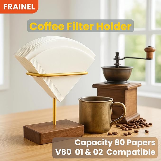 Walnut Wood Coffee Filter Holder, Cone Coffee Filter Paper Stand, Coffee Paper Storage Container for Counter, Bar Accessory, Table Decor | Compatible with V60#01#02
