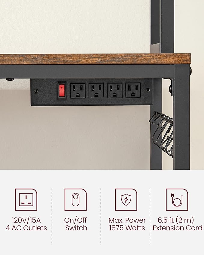 VASAGLE Bakers Rack with Power Outlet, Microwave Stand, Kitchen Tall Utility Storage Shelf, with Metal Wire Panel, 14 Hooks, 15.7 x 23.6 x 66.9 Inches, Rustic Brown and Ink Black UKKS037B01