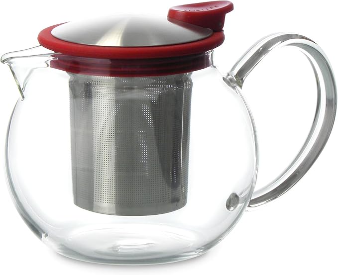 FORLIFE Bola Glass Teapot with Basket Infuser, 25oz./750ml., Red