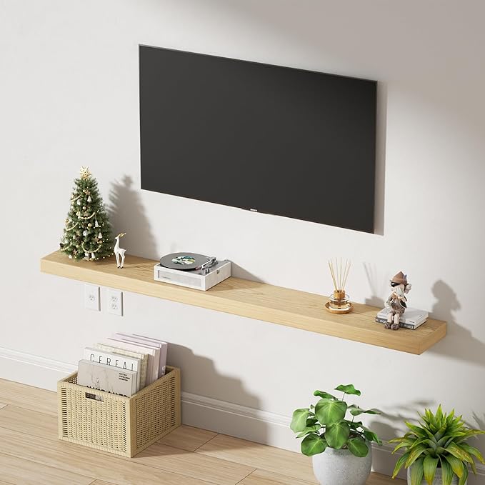 White Oak Floating Shelf for Wall, 60 Inch Long Fireplace Mantel, 2 Inch Thick Floating Shelf Wall Mounted, 8 Inch Deep Wood Shelves for Kitchen Living Room Bedroom Bathroom, 50LBS Capacity