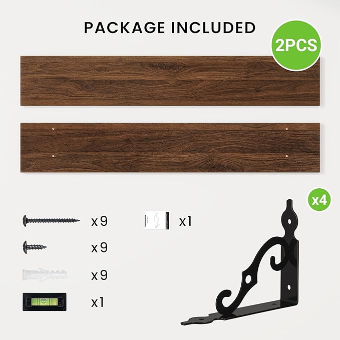 RICHFOCUS Floating Shelves for Wall Decor, 47.3W x 8D Shelves Set of 2, 8 Inch Deep Rustic Wood Shelves Wall Mounted with Brackets, Long Floating Shelves for Living Room Bedroom Kitchen, Walnut