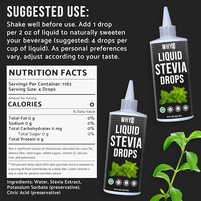 WHYZ Liquid Stevia Drops 8oz, Natural Liquid Stevia Extract, Pure Sweetener, Plant-Based Sweetener For Coffee Syrup, Zero Calorie, Non-GMO, Gluten-free, 1,823 Servings