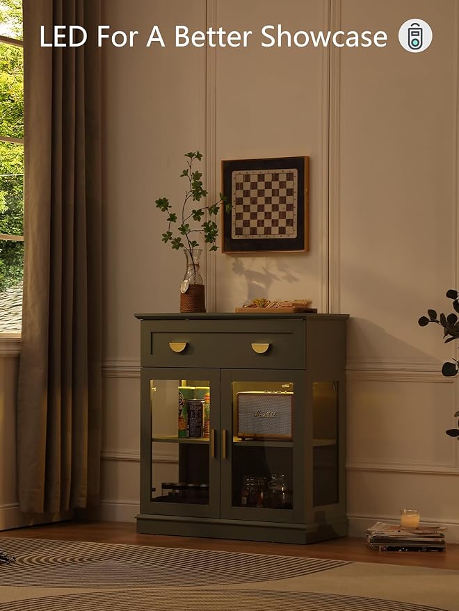 31.5'' Small Buffet Cabinet with Glass Doors,Small Coffee Bar Cabinet with Storage,Modern Sideboard Buffet with Adjustable Shelf and a Drawer,for Kitchen and Living Room,Green