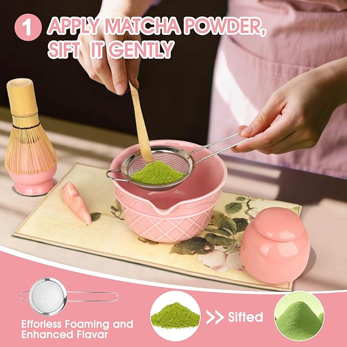 Sakura Pink Matcha Whisk Set-8pcs,Japanese Tea Set Includes Matcha Bowl with Ice Cream Design, Tea Mat and Matcha Canister, 16OZ Matcha Kit for Ceremony