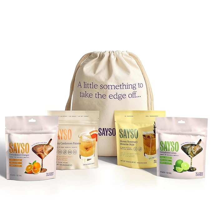 SAYSO Holiday Survival Kit | Includes Honey Rosemary Moscow Mule, Skinny Cardamom Paloma, Lime and Orange Slices for Garnish, and a Limited Edition SAYSO Gift Bag | Craft Cocktail or Mocktail in 1 Min