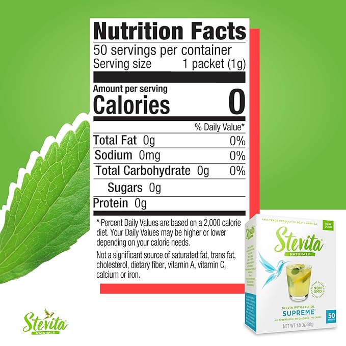 Stevita Stevia with Xylitol Supreme - 50 Packets - All-Natural Sweetener, No Calories - Non-GMO, Vegan, Kosher, Keto, Paleo, Gluten Free, Erythritol-free - 50 Servings