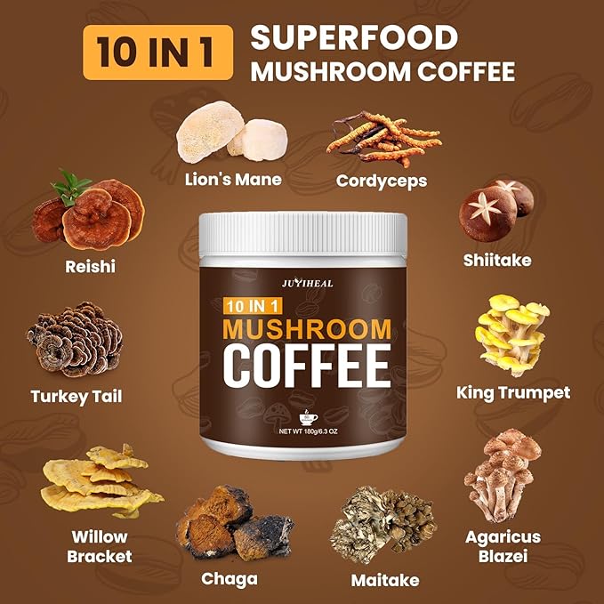 JUYIHEAL Mushroom Coffee, 10 in1 Mushroom Powder Coffee with Lions Mane, Chaga, Reishi, Cordyceps, Maitake, Shiitake, and Turkey Tail for Energy, Focus, Immune Support, 180g