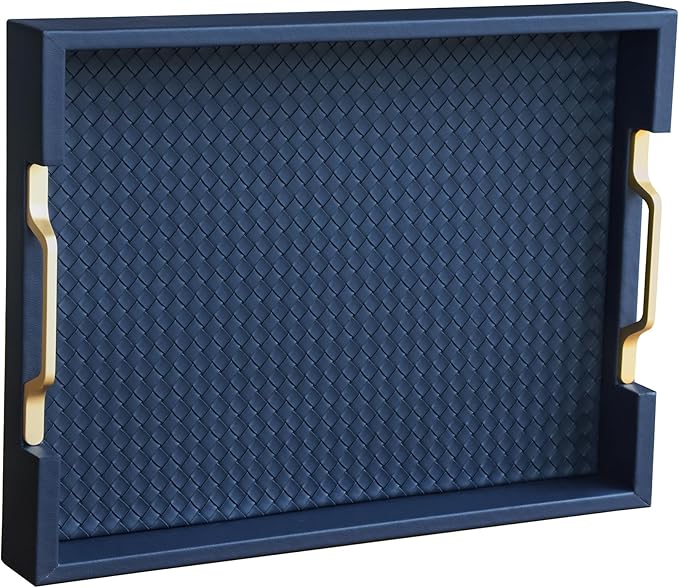 HofferRuffer Faux Leather Rectangle Serving Tray Decor Platter with Gold Metal Handles for Coffee Table, Breakfast, Tea, Food, Countertop, Kitchen, Butler Tray, 16.2 x 12.2 x 2 inches (Navy Blue)
