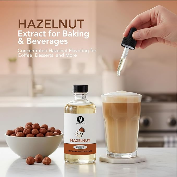 Dolce Flav Natural Hazelnut Extract – 2 Ounce Water-Soluble Kosher, Sugar-Free, Concentrated Toasted Hazelnut Flavoring for Coffee, Baking & Desserts, Includes Measured Dropper