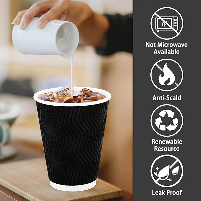 Lamosi Coffee Cups 12 oz 500 Pack, Black Disposable Cups, Corrugated Paper Cups 12 oz, Ripple Wall Insulated Water Cups for Hot Beverage