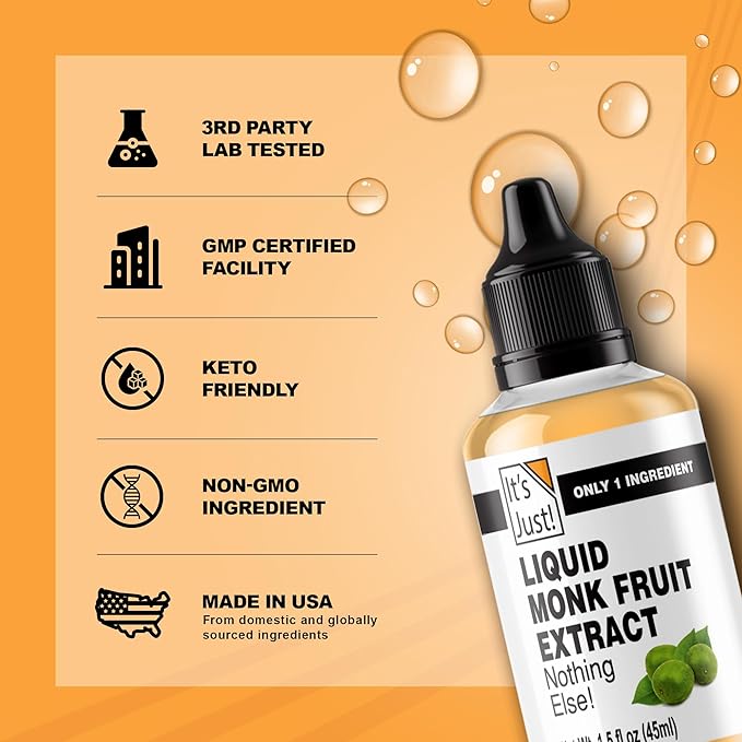 It's Just - Liquid Monk Fruit, No Erythritol, 100% Monkfruit Extract, Non-GMO, Non-Glycemic, No Fillers, 6 Drops = 1 Tsp Sugar, Heavy Metal Tested, Results Online (1.5fl oz | Pack of 1)