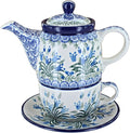 Blue Rose Polish Pottery - Blue Tulip Bouquet Tea for One - 2 Cup Capacity - Decorative Teapot with Matching Cup, Unique Gift for Tea Lovers and Collectors