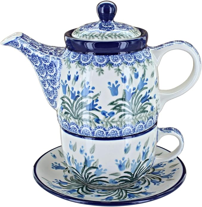 Blue Rose Polish Pottery - Blue Tulip Bouquet Tea for One - 2 Cup Capacity - Decorative Teapot with Matching Cup, Unique Gift for Tea Lovers and Collectors
