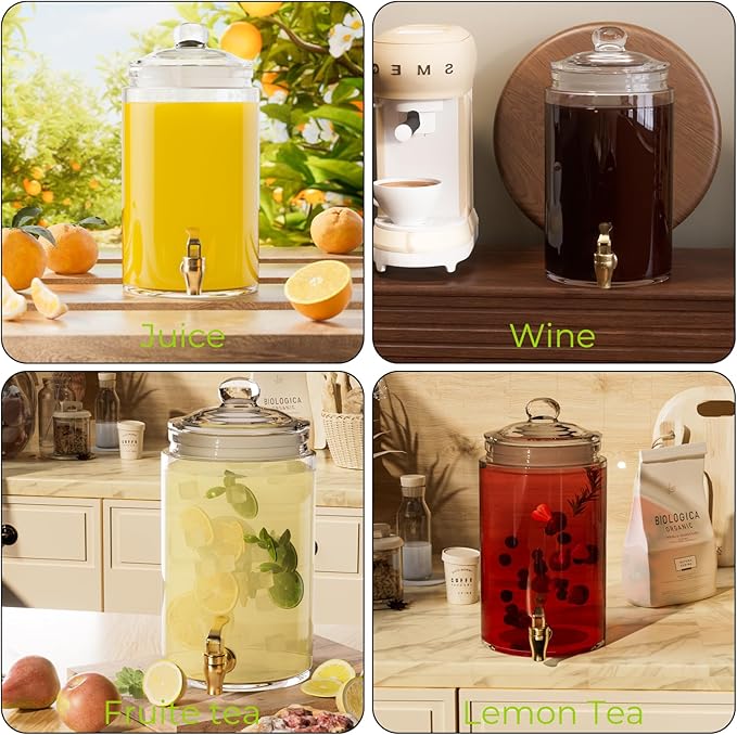 Glass Drink Dispensers For Parties, 2 PACK 1 Gallon Beverage Dispenser With Lids, Gold Metal Stand And Spigot 100% Leak proof. Lemonade Dispenser With Chalk board