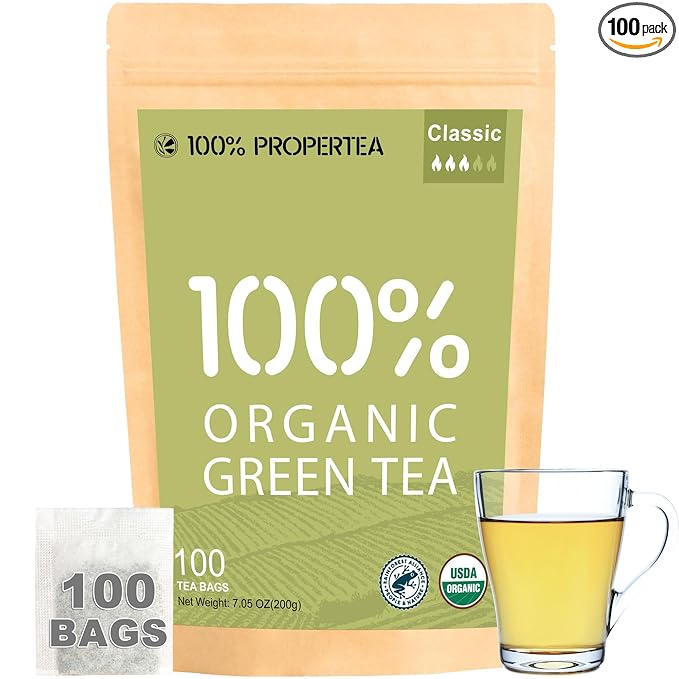 100% Propertea Organic Green Tea Bags, 100 Count Eco-Friendly Tea Bags, Classic Taste, Caffeinated, Rich in Antioxidants, Resealable Pouch