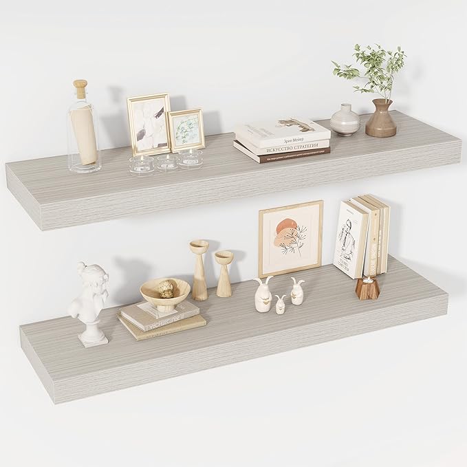 40 Inch Floating Shelves, 12" Deep Floating Shelf Wall Mounted, 40" Wall Shelves, Rustic Deep Bookshelf, Extra Deeper & Thicker Display Shelves for Bedroom, Living Room, Gray, Set of 2