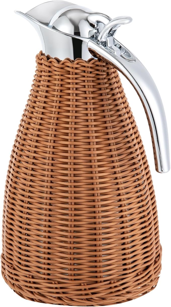 Stainless Steel Coffee Thermal Carafe, 50 Oz/1.5 L Woven Rattan Insulated Coffee Carafe Double Walled Vacuum Insualted 20 Hour Heat Cold Retention (Brown)