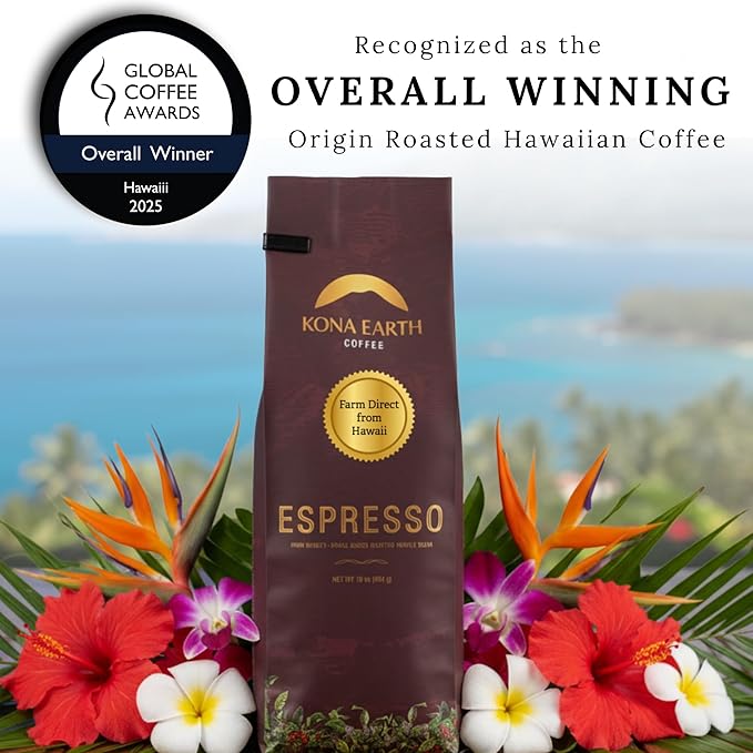 Kona Earth - Dark Roast Hawaiian Espresso, Whole Bean, 1lb (16 oz) Farm-Direct coffee beans from Hawaii’s Big Island, Micro-Batch-Roasted