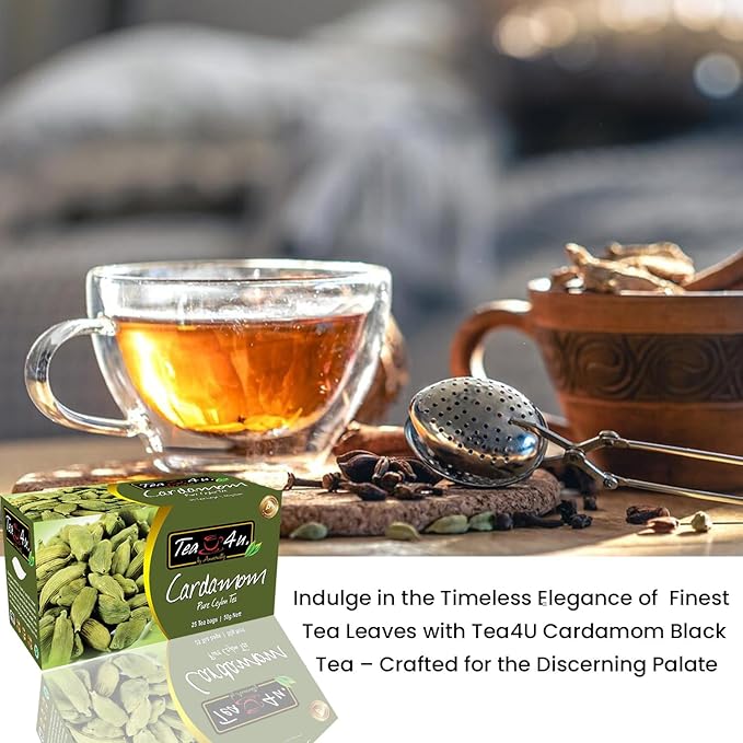 Tea4U Flavored Black Ceylon TeaBags (Cardamom) - Ideal Quality from Sri Lanka's Finest Leaves and Expertly Blended - 25 Count