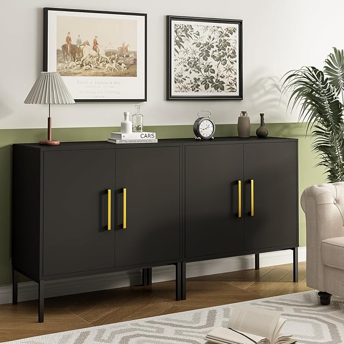JOZZBY Storage Buffet Cabinet, Freestanding Sideboard with Double Doors, Modern Wooden Sideboard, Black Side Cabinets for Bedroom, Living Room, Kitchen, Office and Hallway, WLFH0007BK
