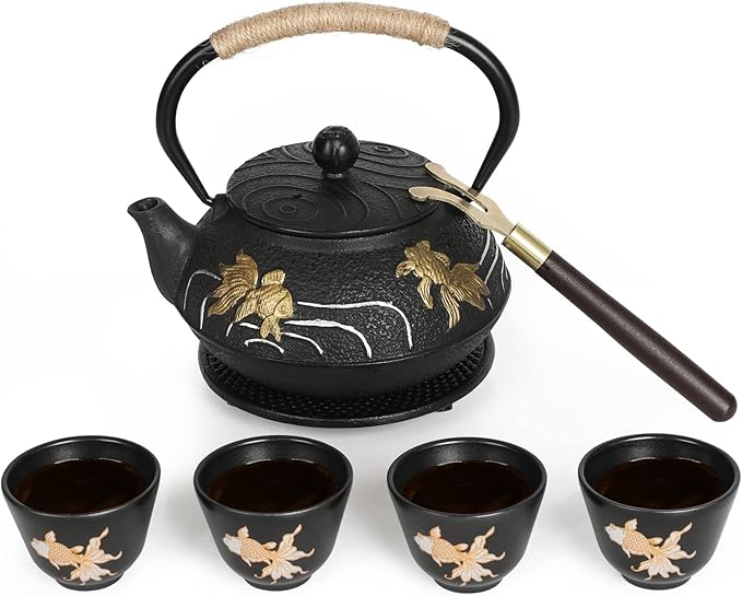 RekRang Hand-Painted Goldfish Cast Iron Teapot Set,Japanese Cast Iron Tea Kettle Set with Removeable Infuser and 4 Stainless Steel Cups,Traditional Tetsubin Tea Pot Sets for Stovetop 750ml/26oz