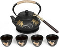 RekRang Hand-Painted Goldfish Cast Iron Teapot Set,Japanese Cast Iron Tea Kettle Set with Removeable Infuser and 4 Stainless Steel Cups,Traditional Tetsubin Tea Pot Sets for Stovetop 750ml/26oz