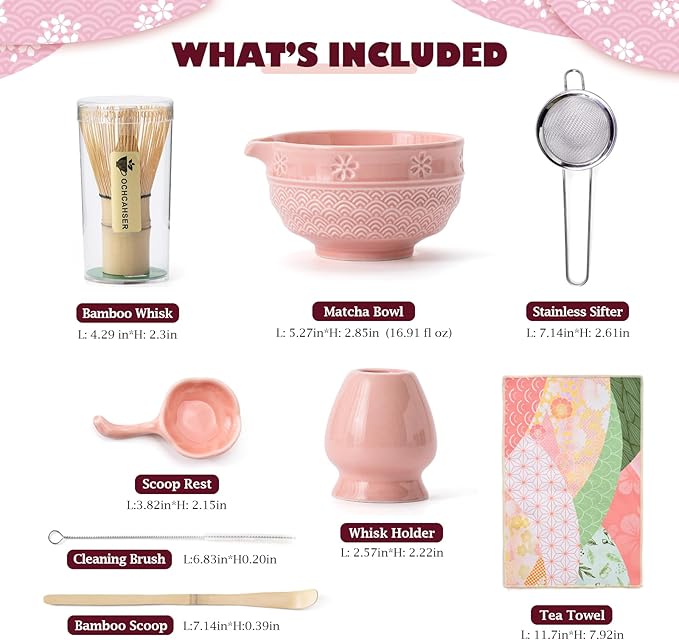 Matcha Tea Set, 8 Pcs Japanese Matcha Kit with Cherry Blossom and Wave Design Ceramic Bowl, Bamboo Whisk, Whisk Holder, Scoop, Sifter, Brush, Matcha Kit Set for Matcha Lovers (Pink)