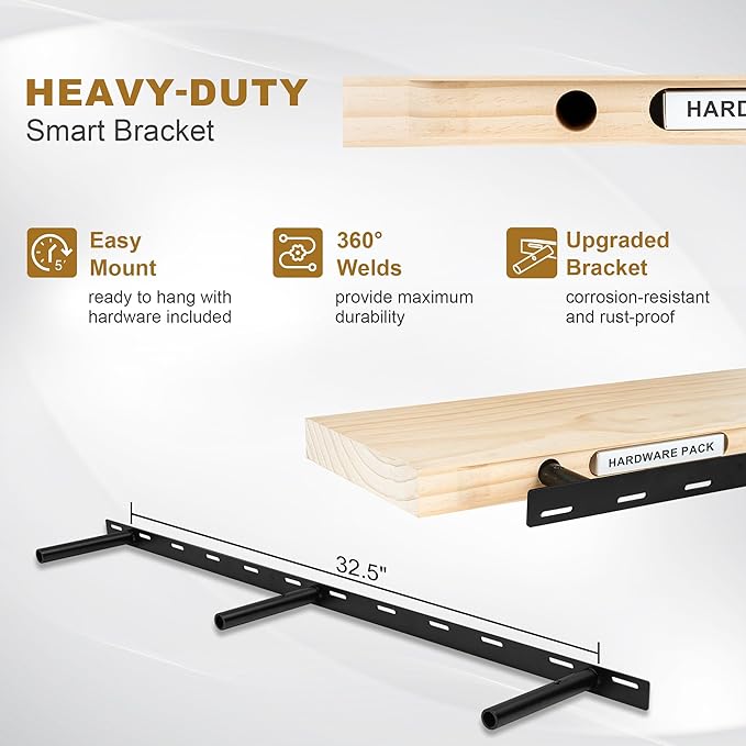 Fun Memories Floating Shelves, 9.3 Inch Deep Solid Pine Wood Wall Shelves for Storage, Wall Mounted Display Shelf with Invisible Heavy-Duty Metal Bracket, 55 Inch Width, Unfinished - DIY Stain