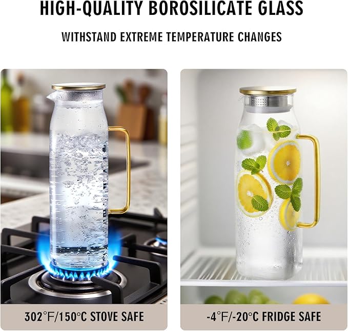 GLASKEY 74oz Square Glass Pitcher with Lid and Handle for Fridge,Borosilicate Glass Carafe for Hot or Cold Drink, Large Jug for Iced Tea,Coffee,Juice,Homemade Beverage (Gold)