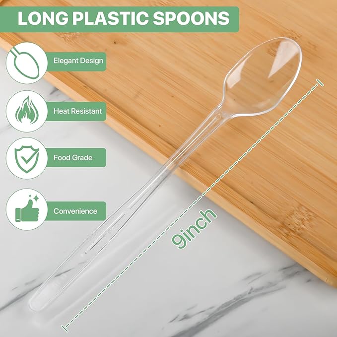 9" Clear Plastic Spoons, Heavy Duty Disposable Spoons, 192 Pack Long Handle Spoon, Plastic Cutlery for Cocktail Stirring Dessert Milkshakes Ice Cream Tea and Floats