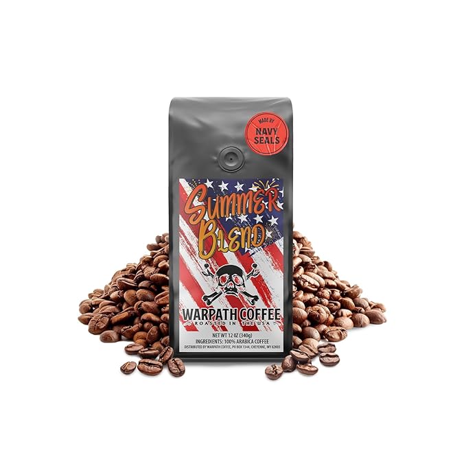 Warpath Coffee Medium Roast Whole Bean Coffee, Summer Blend, High Caffeine, Extra Strong Roasted 100% Arabica Coffee Beans Whole, Caribbean Inspired Blue Mountain Blend, Created by Navy SEALs, 12oz