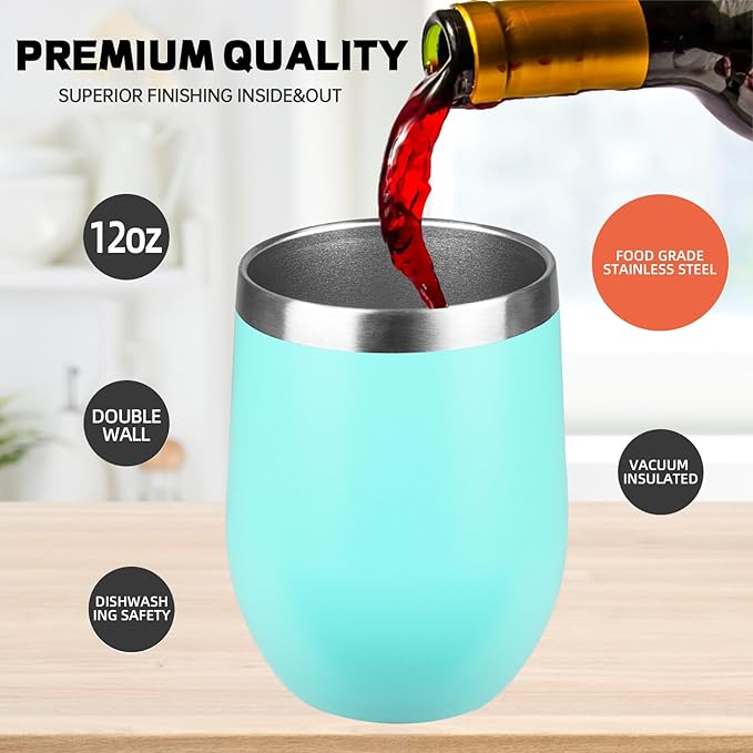 StarSpeed 12oz/12 Pack Wine Tumbler with lid, Stainless Steel Travel Mugs Stemless Double Wall Insulated Coffee Cup, Insulated Wine Glasses Travel Tumbler for Cold & Hot Drinks(Light Green)