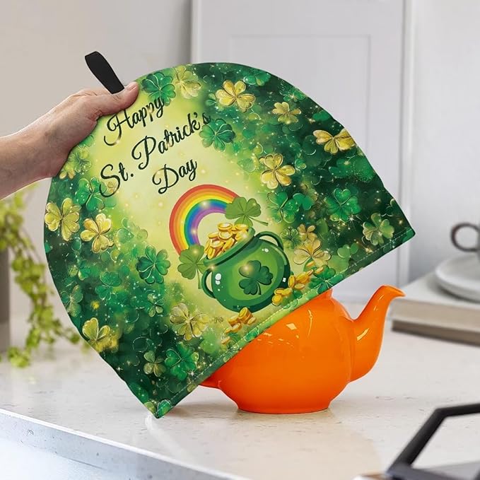 Money Jar Tea Pot Cover Green Tea Insulated Cosy Keep Warm Tea KettleCcover Lucky Leaf Teapot Dust Protector for St. Patrick's Day