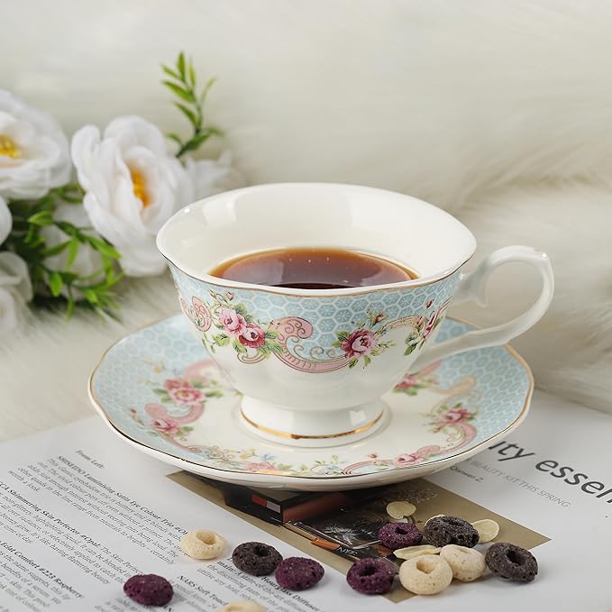 fanquare Colorful Floral Porcelain Coffee Cups with Saucers, British Tea Cups Set for 6, Classic Rose Tea Party Set for Women