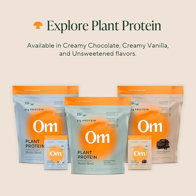 OM MUSHROOM SUPERFOOD Master Blend Vegan Protein – Organic Chocolate Plant Protein with 10 Mushrooms, Ashwagandha, BCAAs & B12 – Energy, Recovery & Immune Support – 10 Single Serves