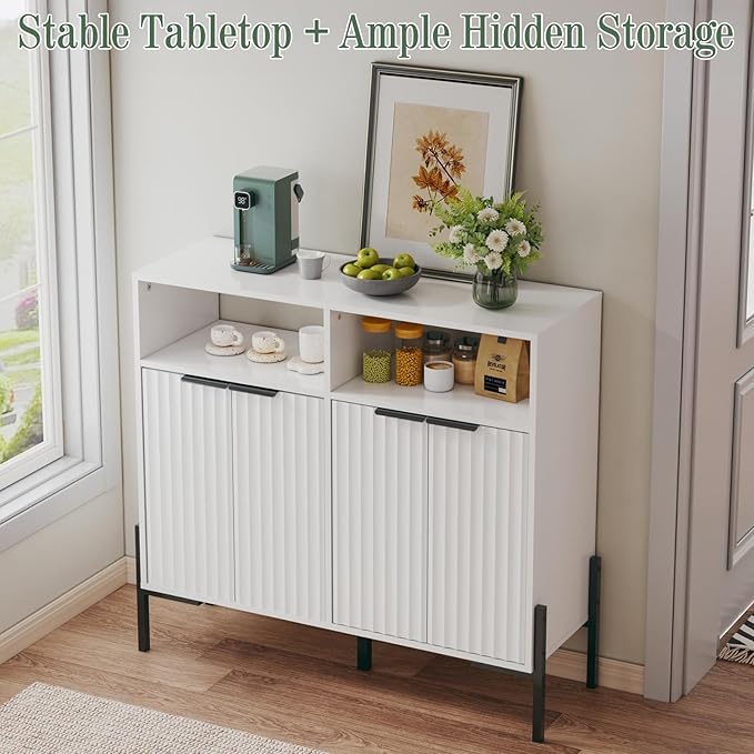White Buffet Cabinet with Storage, Fluted Storage Cabinet with Doors & Adjustable Shelves, Solid Wood TV Stand Credenza for Kitchen Dining Room, 41"L x 14"D x 37"H Easy Assembly Kitchen Sideboard