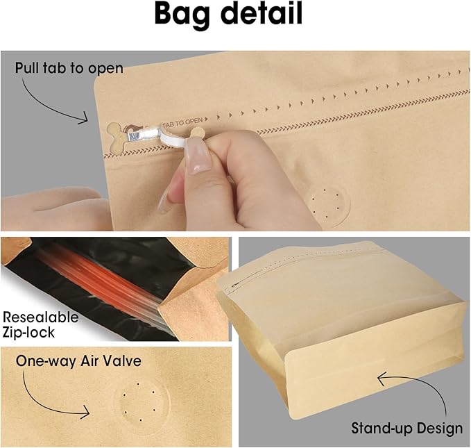 50 Count 8oz Coffee Bags with Valve,1/2 lb Vented Coffee Beans Packaging Bags High Barrier Aluminumed Foil Flat Bottom Heat Sealed Side Zipper Resealable Storage Bag for Home or Business（Kraft paper）