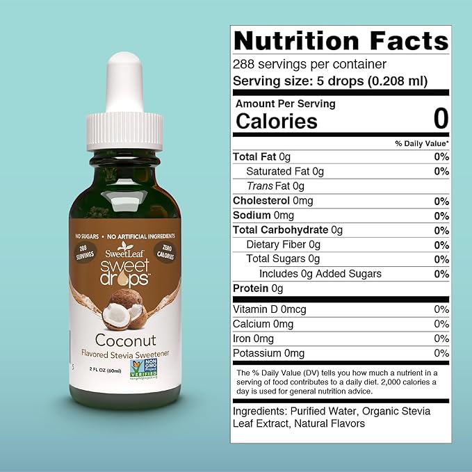 SweetLeaf Sweet Drops - Flavored Stevia Liquid Sweetener, Organic Stevia Extract, Zero Calories, Gluten Free, Keto Friendly, Non GMO, Natural Flavors, Sugar Alternative - Coconut, 2 Fl Oz (Pack of 1)