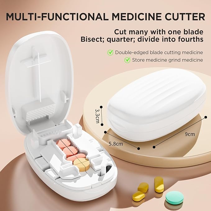 Pill Cutter Splitter for Small and Tiny Pills, 1/2 1/4 Pill Splitter for Small Pills,Vitamins, Tablets in Half or Quarters, Accurate and Easy Cutting, Stainless Steel Blade, Back Storage (White)