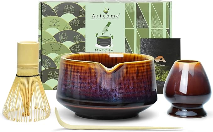 Artcome Matcha Tool Set - Complete Kit with Matcha Bowl with Spout, Bamboo Whisk, Tea Scoop & Whisk Holder, Red-Blue Glaze