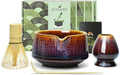 Artcome Matcha Tool Set - Complete Kit with Matcha Bowl with Spout, Bamboo Whisk, Tea Scoop & Whisk Holder, Red-Blue Glaze