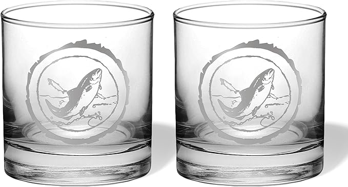 Duck Hunting Gifts for Hunters and Outdoorsman Mallard Whiskey Glass with Coaster Rustic Décor for Mountain Cabin Lake House Beer Pint Glass Fishing Fisherman Dad (Fish, Double Whiskey Glass)