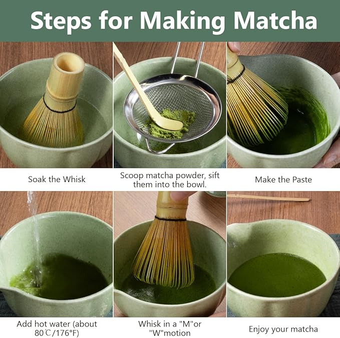Matcha Whisk Set, 7 Pcs Japanese Matcha Kit Includes Matcha Bowl with Spout, Bamboo Whisk, Chasen Holder, Stainless Sifter, Scoop and Rest, Tea Towel, Matcha Tea Set Gift for Family/Friend