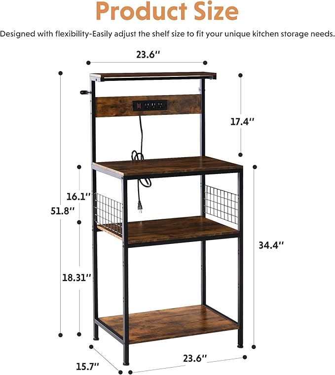Simple Deluxe Kitchen Bakers Rack with Power Outlet, Coffee Bar Accessories Table, 4-Tier Adjustable Storage Shelf for Spices, Freestanding Appliance Organizer, 23.6 Inch, Rustic Brown