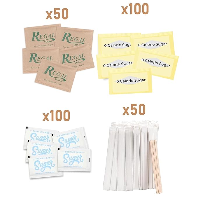 Sugar and Sweetener Assortment Packets with Wooden Coffee Stirrers 300 Count Premium Sugar for Home, Office, Coffee Bar Gift