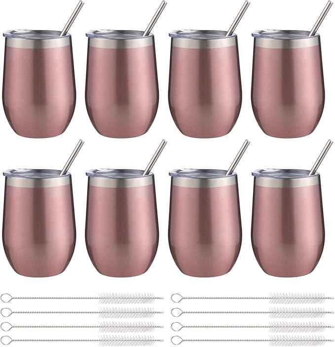 12 oz Insulated Wine Tumbler with Lid and Straw,Stainless Steel Stemless Wine Tumbler Glasses Double Wall Vacuum Wine Cups Tumbler Bulk for Champaign,Cocktail,Office(Rose Gold,8)