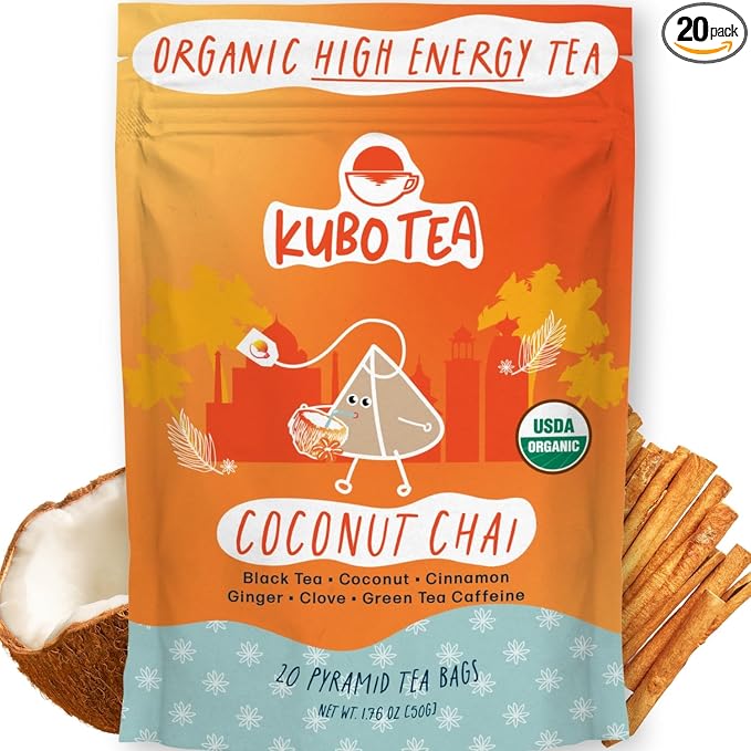 High Caffeine Tea (155 mg) - Kubo Tea: Organic Coconut Chai Black Tea Bags for Clean Energy & Focus | Healthy Coffee Substitute | Spiced Caffeine Blend | 20 Ct | Compostable Packaging